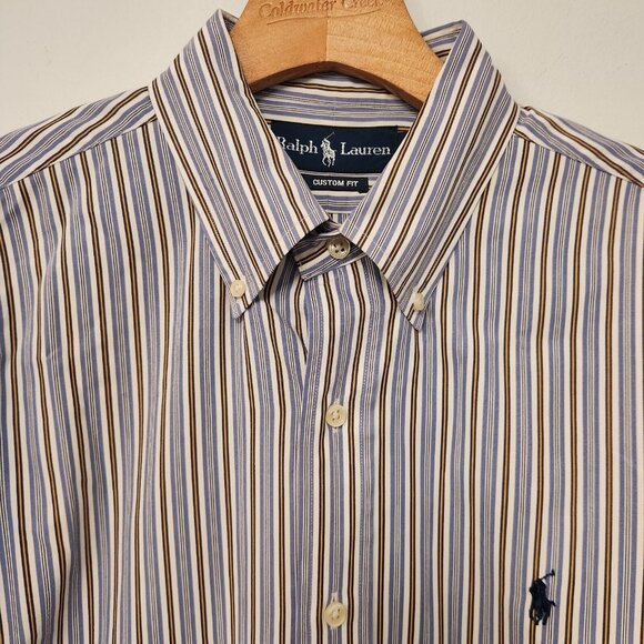 Ralph Lauren Shirt Custom Fit Button Up Blue Striped Mens Medium EUC - Picture 2 of 12
